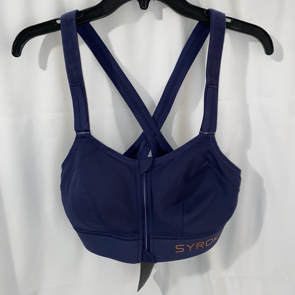 NWT SYROKAN Blue Sports Bra 36D Front Zip Adjustable Strap High Impact Wireless